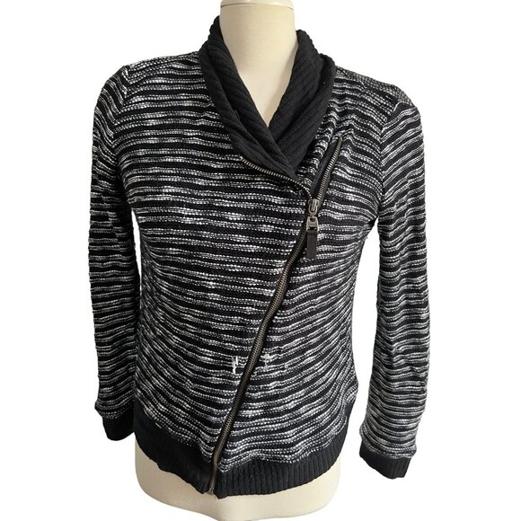 Splendid Black & White Knit Cardigan Sweater Sz Medium Womens Zip Front Long Sle - Picture 1 of 11